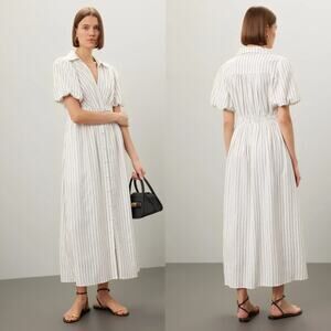 Derek Lam Maya Shirt Dress Striped Knot Waist Short Sleeve Midi Black & White 6